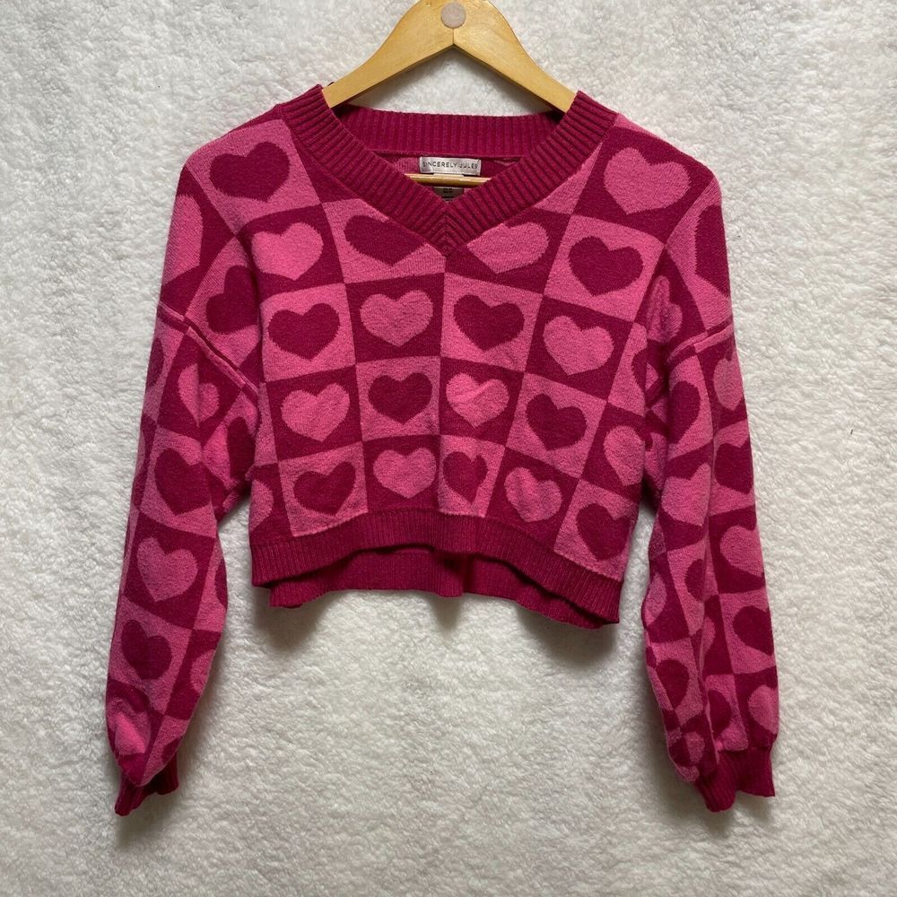 Sincerely Jules Pink Heart Sweater M V-Neck Cropped Long Sleeve Knit Pullover‎